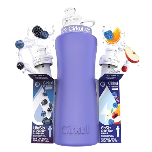 Cirkul 32oz. Matte Periwinkle Stainless Steel Water Bottle Starter Kit with Periwinkle Lid, 2 Flavor Cartridges (1 LifeSip Blackberry Blueberry, 1 GoSip Berry Blue Punch) No Sugar, Zero Calorie Drink