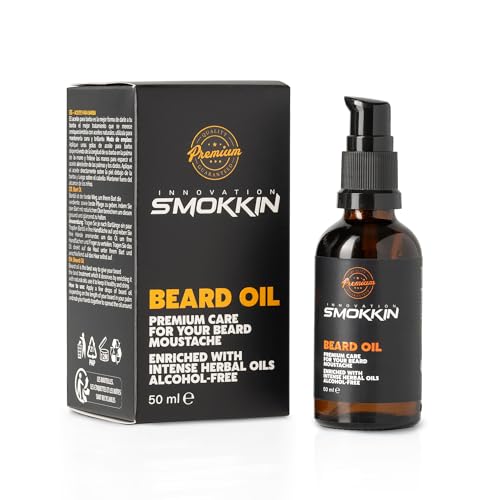 Aceite para barba Smokkin Premium, 50 ml, enriquecido con aceites herbales intensos, libre de alcohol.