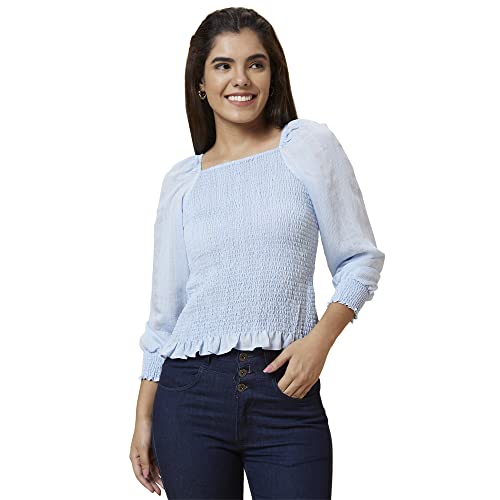 Image of Globus Women Blue Self Design Square Neck Fitted Top