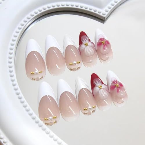 Image of Flower Press on Nails White French Tip Fake Nails Medium Almond False Nails with Pearl Design 5D Floral Glue on Nails Glossy Artificial Acrylic Full Cover Spring Stick on Nail for Women Manicure