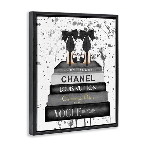 Image of Stupell Industries Glam Fashion Book Stack Grey Bow Pump Heels Ink, Design by Amanda Greenwood, Black Floater Framed, 16 x 20 | Stupell Industries | Black, 17 x 21 Inches, Easy to Hang and Sturdy, Made in USA, by Amanda Greenwood