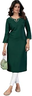 Innaaya Green Embroidered Mirror Embossed Long Cotton Kurti for Women Price In India