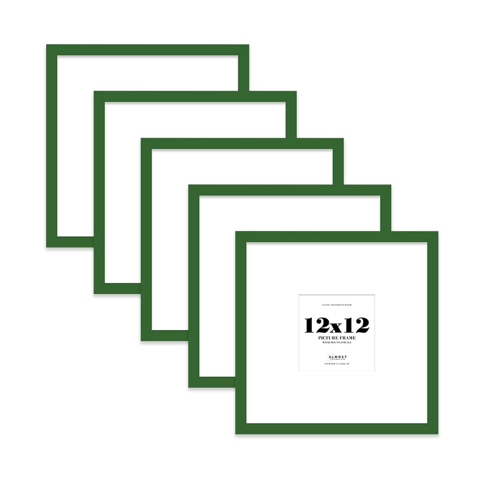 12x12 Green Picture Frame with Large Mount for 5x5 Photos, Prints - Modern Square Wall Frame, Set of 5