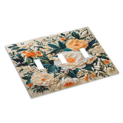Decorative Switch Covers Plate Rustic Big Flowers Abstract Floral 3 Gang Wall Plate Oversized Triple Toggle Light Switch Plate Jumbo Faceplate for Country Bedroom Home Decor