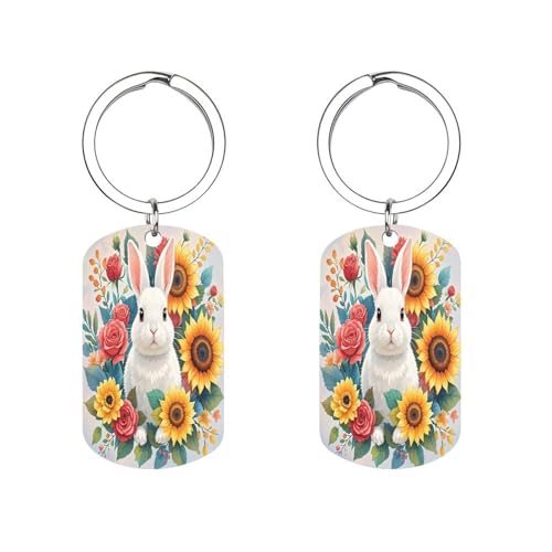 LZQPOEAS Llavero con diseño de conejo y flores en acuarela para mujeres y hombres, llavero impreso de doble cara, minimalista, de acero inoxidable, con ventana de etiqueta, llavero de metal, llavero