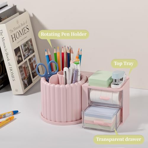 Image of Anyoifax 360 Rotating Pen Holder 7 Slots Desk Organizer with Drawer Removable Pencil Cup Plastic Art Supplies and Accessories Desktop Storage Box Caddy for Office, School, Home (Pink)
