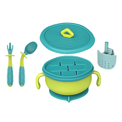 MotuTech Cuenco de aprendizaje para bebé con tapa de aperitivos, ventosa, antideslizante, para bebé, azúcar, antiderrames, anticaídas, silicona (Forfait - Verde)