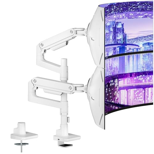 Image of ARES WING Dual Monitor Arm Desk Mount for 17-49 Inch Ultrawide Monitors, Heavy Duty Dual Monitor Mount Holds 44 lbs, Full Motion Gas Spring Vertical Stacked Monitor Mount, 75 /100 VESA Mount, White