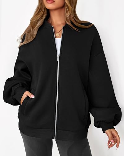 KIRUNDO Oversized Sweatshirt for Women Zip Up Bomber Jacket 2026 Fall Fashion Casual Long Sleeve Outerwear Winter Outfits(Black, X-Large) — view 4