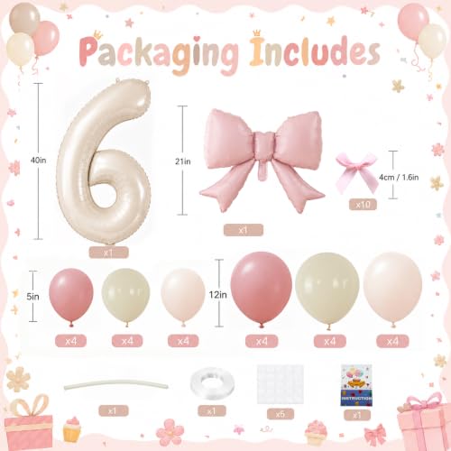 Image of 40 Inch Pink Beige Number 6 Balloon Tower with Bow 6th Birthday Decorations