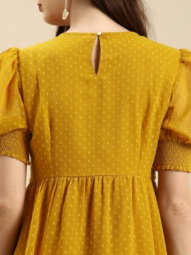 Image of Amazon Brand - INKAST Women A-Line Midi Dress | Puff Sleeves | Perfect for Casual and Semi-Formal Occasions