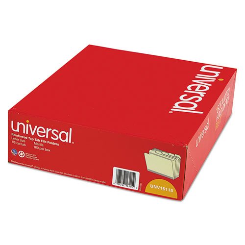 Universal 16115 File Folders, 1/5 Cut Assorted, Two-Ply Top Tab, Letter, Manila, 100/Box #TOP3