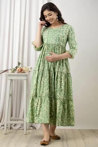 Image of GIRISHA Enterprises Women's Rayon Printed Anarkali Maternity Kurta Dress with Zippers