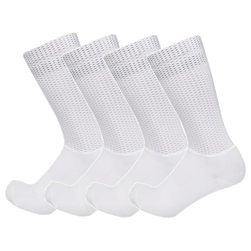 BULBEAWICK 4 Pair Cycling Socks for Men Sport Aero Socks Anti Slip Silicone(B-White)