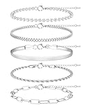 LOLIAS 5 Pcs Silver Bracelet for Women Stainless Steel Bracelet Stacking Bracelets Rope Cuban Figaro Bead Chain Bracelets Link Charm Silver Bracelets Set Jewellery for Women