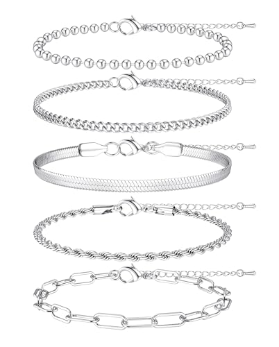 LOLIAS 5 Pcs Silver Bracelet for Women Stainless Steel Bracelet Stacking Bracelets Rope Cuban Figaro Bead Chain Bracelets Link Charm Silver Bracelets Set Jewellery for Women