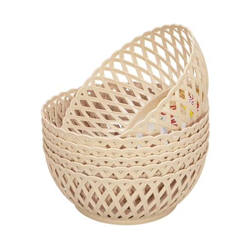 Image of RATAN PLASTICWARE Cane Large Plastic Storage Basket for Fruits, Vegetables & Snacks - Decorative Woven Design for Kitchen, Dining Table & Home Use I Pack of 6 - Beige