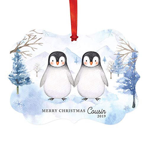 Andaz Press Fancy Frame Christmas Keepsake Ornament, Merry Christmas Cousin, Watercolor Penguin Family, 1-Pack, Includes Ribbon and Gift Bag