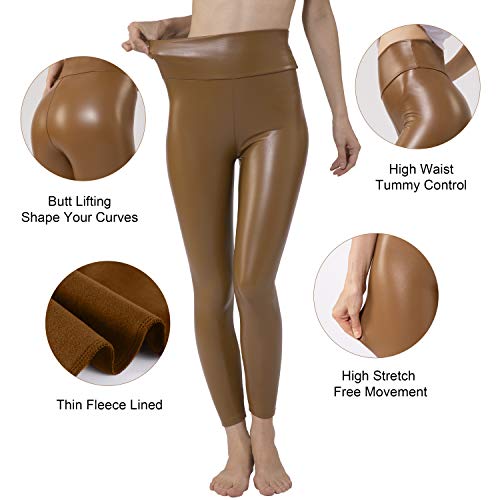 Tagoo Women's Stretchy Faux Leather Leggings Pants, Sexy Brown High Waisted Tights