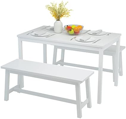 Alohappy Dining Table Set with 2 Benches, Rectangular Kitchen Table Set for 4-6 Person, Small Room Pine Wood Table for Kitchen, Dining Room, Easy Assembly (White)