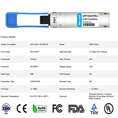 Image of 40G QSFP+ 4x10GBASE-IR, for Juniper Networks JNP-QSFP-4X10GE-IR,QSFP+ 4x10GBASE-IR,1310nm 2km DOM MTP /MPO SMF Optical Transceiver Module