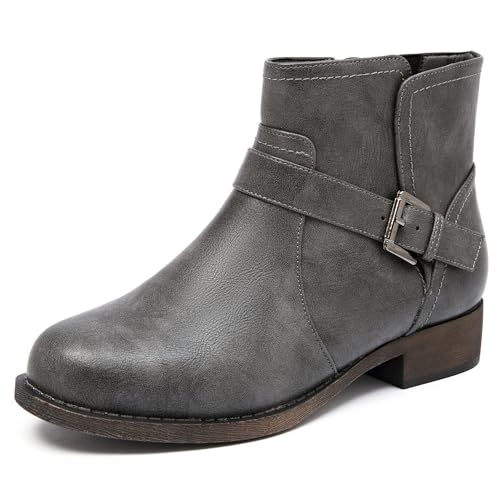 Veittes Women's Ankle Boots - Classic Side Zip, Cover with Buckle Strap, Comfortable Platform, Round Toe, Low Chunky Heel Comfort Slip On Fashion (Black/Dark Brown/Grey) Boots