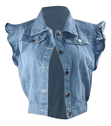 LifeShe Women's Denim Vest Ruffle Sleeve Jean Jacket Top (Blue, L)