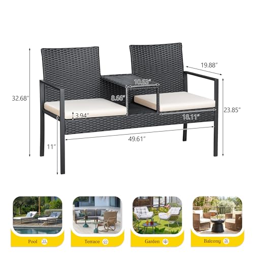 Greesum Patio Conversation Set Outdoor Wicker Furniture Sets with Soft Cushions and Built-in Coffee Table for Lawn, Garden and Backyard, Beige