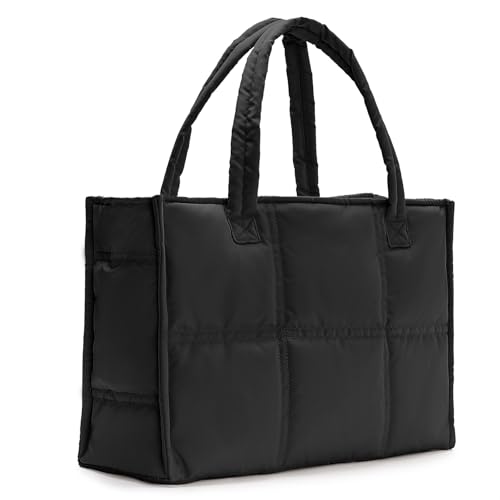 Restro Puffer Tote Bag for Women Work With Zipper Large Professional Satchel Handbag Quilted Puffy Shoulder Purses Travel Office Waterproof Utility Tote Bags for Men and Women