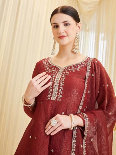 Image of MOKOSH Women's Silk Embroidery Peplum Kurta Sharara with Dupatta | Anarkali Kurta Set | Sweetheart Neck Full Sleeve Ethnic Suit | 3 Piece Outfit | Indian Kurta Outfit With Sharara