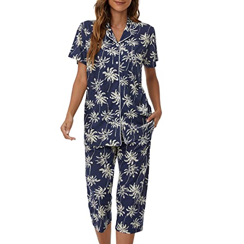 Image of Tugege Capri Pajamas Set Womens Button Down Short Sleeve Lounge Sets Sleepwear Notch Collar Top & Capri 2 Piece PJ Sets