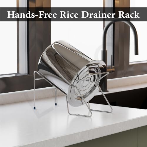 Image of LAPO Stainless Steel Rice Pot Drainer Stand for Kitchen, Hands-Free Drain Stand for Cooked Rice, Noodles, Beans, Fruits & Vegetables, Strong Tabletop Kitchen Strainer Rack-Chrome