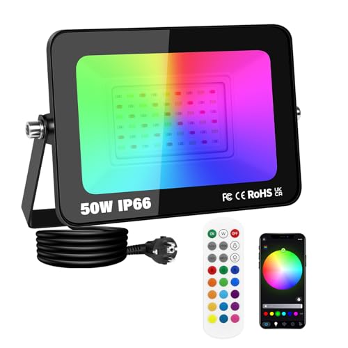 50W Smart RGB LED Floodlight with Plug, APP Remote Control, Dimmable Colour Changing Flood Light for Garden Wall Courtyard Party Stage Decoration, IP66 Outdoor Work Light
