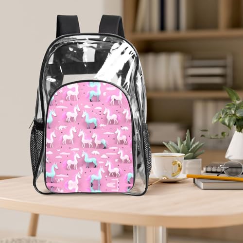 Mochila transparente escolar Many Unicorns de PVC rosa con bolsillos 5