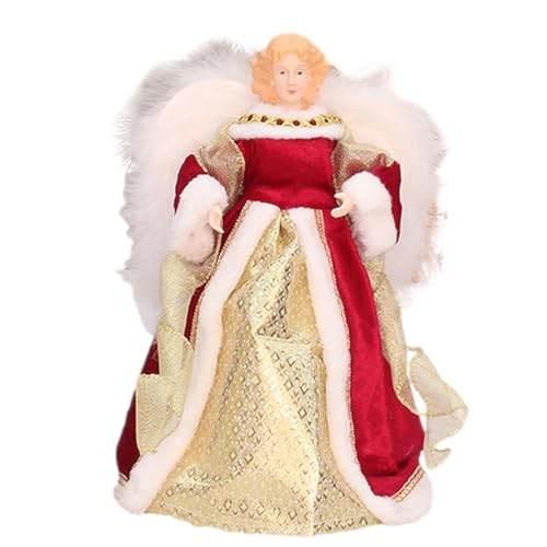 Ángel de Navidad con punta de árbol – Ángel elegante con alas de plumas blancas y falda de tela | Figura de corona de árbol de ángel de 7,08 pulgadas para decoración navideña | Decoración perfecta