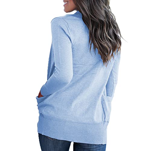 Voianlimo Women’s Casual Open Front Long Sleeve Knit Light Blue Cardigan Sweaters With Pockets Medium Size #TOP1