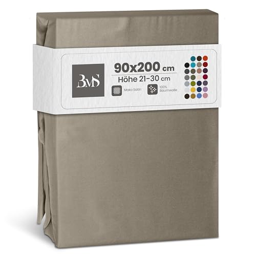 Bettwaesche-mit-Stil Mako Satin Spannbettlaken Spannlaken Spannbetttuch (90 cm x 200 cm, Matratzenhhöhe 21-30cm, Braun/Taupe)