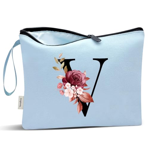 Image of Vavabox A-Z Personalized Makeup Bag, Birthday Gifts for Women Mom, Gifts for Best Friend, Bride Bridesmaid Cosmetic bag (V, Blue)