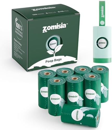 100% Certified Compostable Dog Poop Bags with Holder- Unscented Dog Waste Bags 8 Rolls, Extra Thick 100% Leakproof, BPI (ASTM D6400) Certified Poop Rolls, 120 Bags