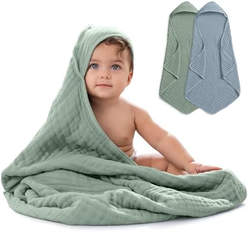 Comfy Cubs Hooded Baby Towel 2-Pack, Large 81 x 81 cm - 6 Layer 100% Muslin Cotton for Babies, Toddlers, Kids - Soft & Absorbent Baby Bath Towels - Unisex Design for Bath Time - Pacific Blue and Fern