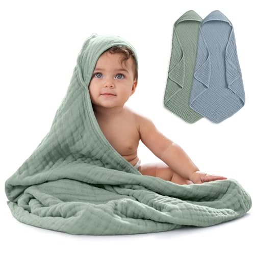 Image of Comfy Cubs Hooded Baby Towel 2-Pack, Large 32 x 32 Inch - 6 Layer 100% Muslin Cotton for Babies, Toddlers, Kids - Soft & Absorbent Baby Bath Towels - Unisex Design for Bath Time, Pacific Blue and Fern