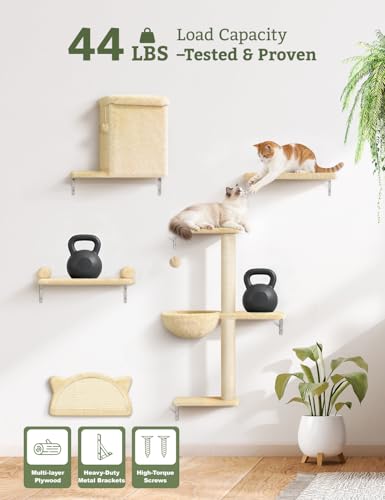 Estantes de pared para gatos 5 en 1 en madera y terciopelo beige miniatura 4