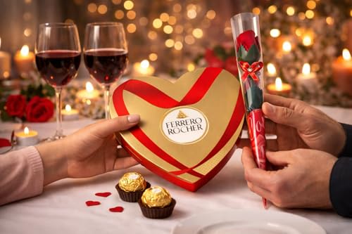 Luxury Chocolate Heart Box with Single Rose by Bargain Online Hub | Ferrero Rocher Chocolate Gift Set | Gift for Her |Valentine Gift|Birthday Gift |Mothers Day | Romantic Chocolate & Rose Present