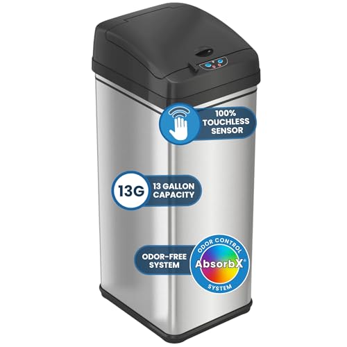iTouchless 13 Gallon Patented Sensor Trash Can with Lid & Odor Filter, Original Inventor 50L Automatic Kitchen Garbage Bin, Fingerprint-Proof Stainless Steel, Pet-Proof Lock, Soft-Close, Silver