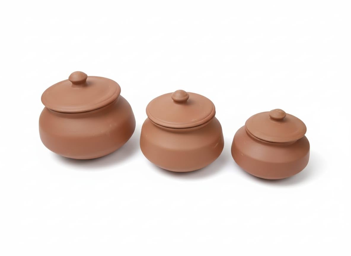 POTTERYWALE Terracotta Handi with Lid, Clay Cooking Pots, Traditional Indian Cookware Set, 300 ML, 3 Pack