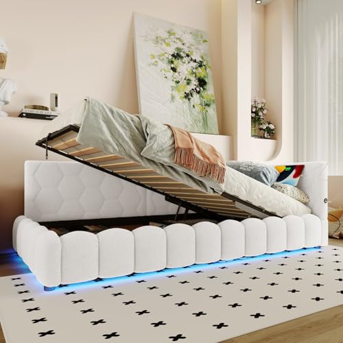 PUGSDRLY - Sofá cama de 90 x 200 cm con puerto USB, tipo C y luz LED, 16 colores, sofá cama 1 plaza convertible con almacenamiento hidráulico, somier de láminas, imitación polar, sin colchón (blanco