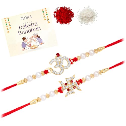 Image of Peora Om Shree Ram Swastik Rakhi for Brother Bhaiya | Crystal & Beads Studded | Red Thread | Raksha Bandhan Hamper with Roli Chawal Greeting Card