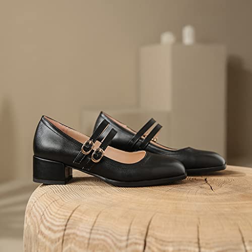 Women's Square Toe Ankle Strap Dress Pumps Leather Block Low Heel Work Office Uniform Mary Jane Shoes4