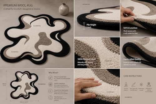 Image of Hand Tufted Wool Rug 6x8 Ft - Modern Irregular Shape Aesthetic Carpet, 1 Inch Thick Pile, Anti-Skid Backing, Soft Handmade Woolen Area Rug for Living Room, Bedroom, Hall Decor