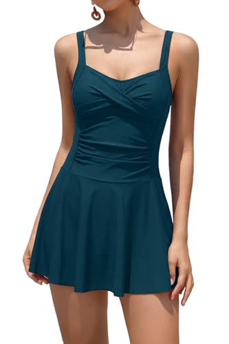 Maillot de bain une pièce à jupe drapé chic couleur cyan rétro